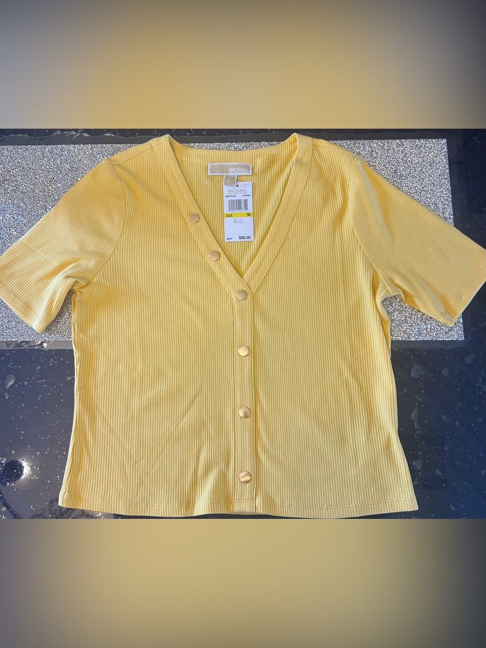 MICHAEL Michael Kors Yellow Ribbed Button-Front V-Neck Stretchy Top M